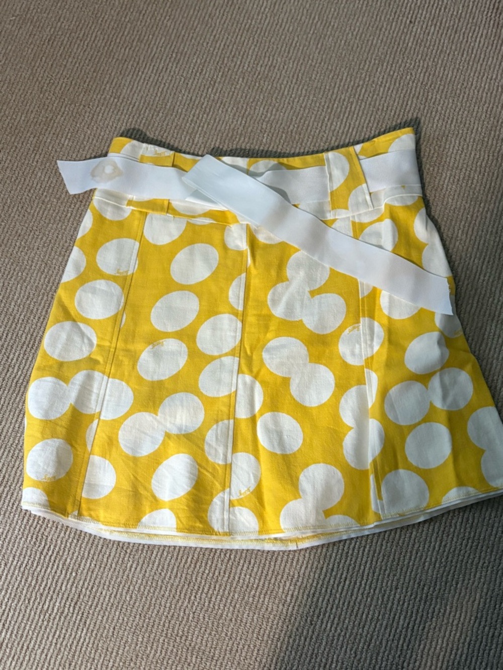 Yellow Polka Dot Cotton A-Line Skirt with White Waist ribbon belt